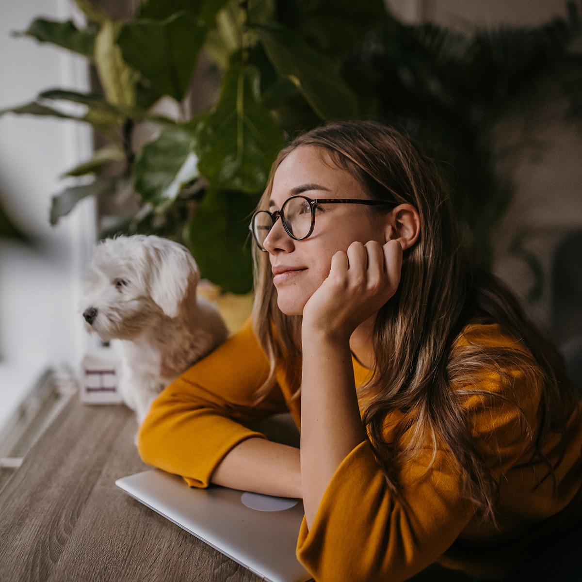 A dreamy young woman with glasses leaning on her laptop