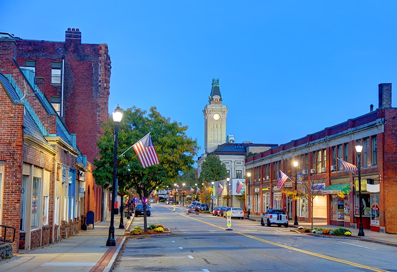 Sidewalk view of a clean and friendly small town main street